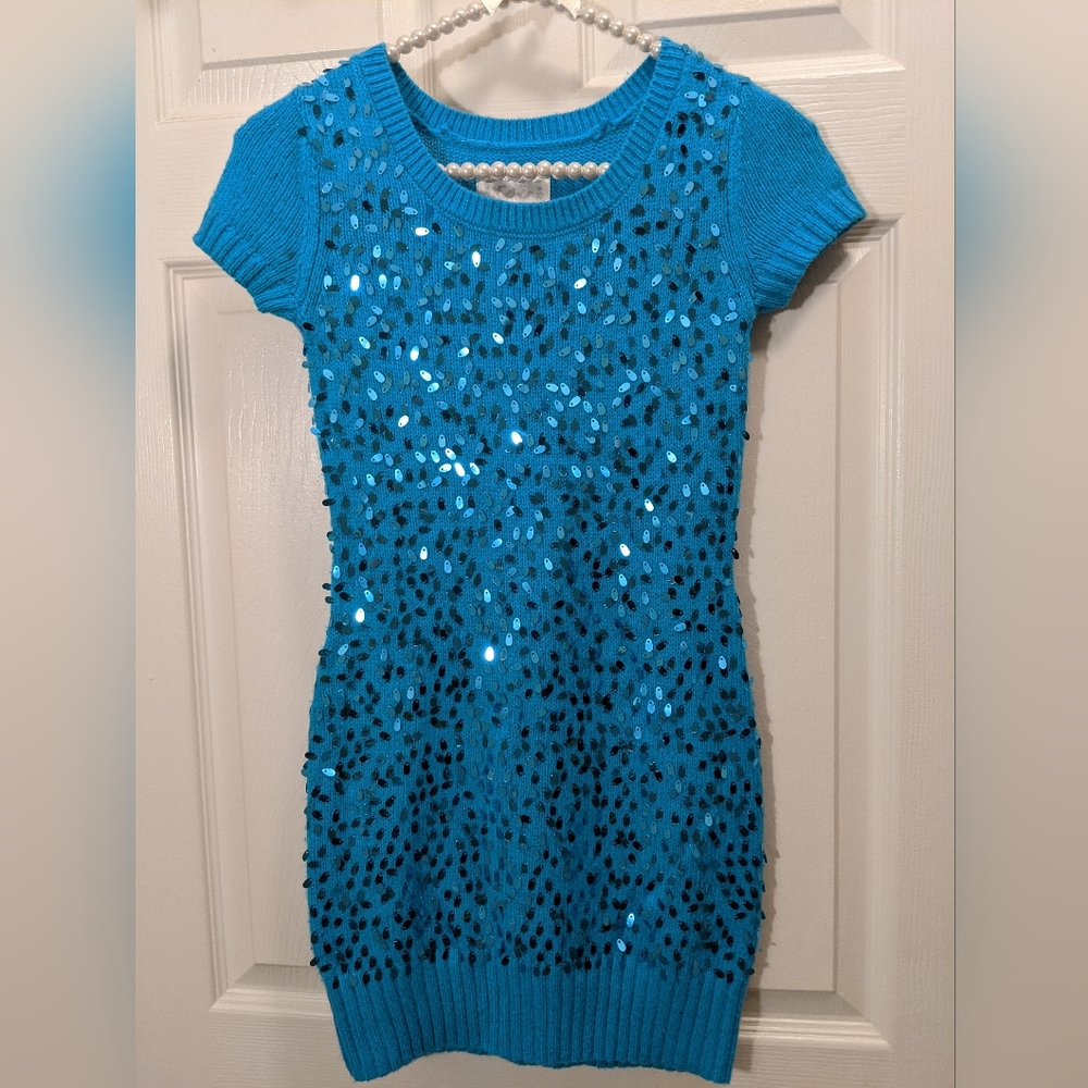 JUSTICE Girls Short Sleeve Sweater Dress w/ Sequence Size 10, Blue Gorgeous! EUC